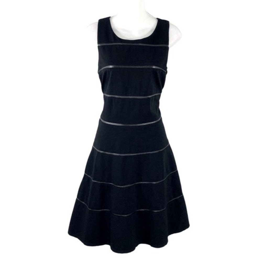 White House Black Market Black Faux Leather Stripe Sleeveless Flare Dress 6